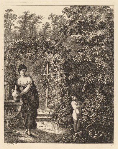 Putto besøker en jente ved en fontene, 1771. av Salomon Gessner