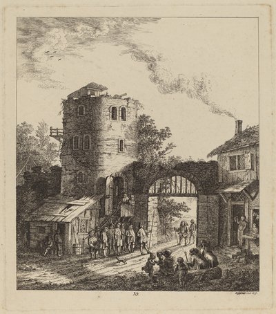 Landsbyboere ved en byport som hilser på en dignitær av Salomon Gessner