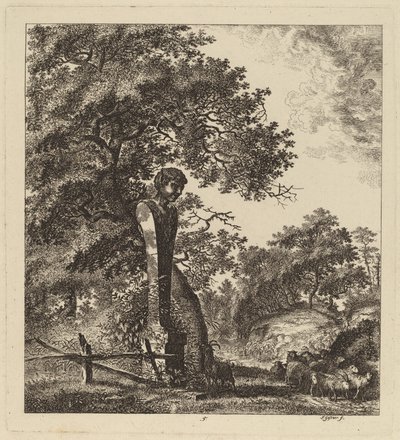 Skoglandskap med en flokk geiter og en herm av Salomon Gessner
