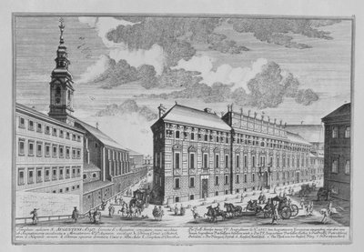 Utsikt over Dorotheergasse som viser Stallburg og klosterkirken Dorotheum gravert av Hieronymous Sperling (1695-1777) av Salomon Kleiner