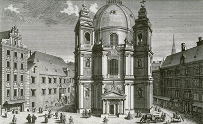 Utsikt over Peterskirche, Wien, gravert av Johann Bernard Hattinger av Salomon Kleiner