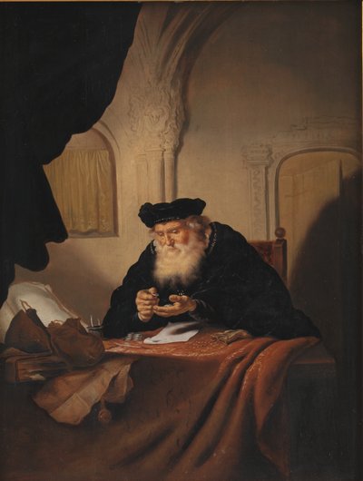 En gammel mann som teller pengene sine av Salomon Koninck
