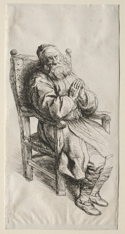 En gammel mann i en stol og ber av Salomon Koninck