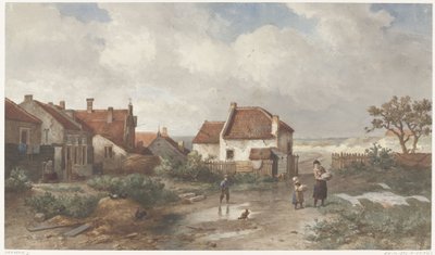 Hus på kanten av en landsby i sanddynene av Salomon Leonardus Verveer