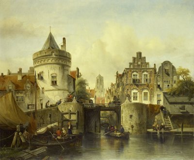 Imaginary View basert på Kolksluis, Amsterdam av Salomon Leonardus Verveer