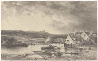 Elvelandskap med noen hus og en vannmølle av Salomon Leonardus Verveer