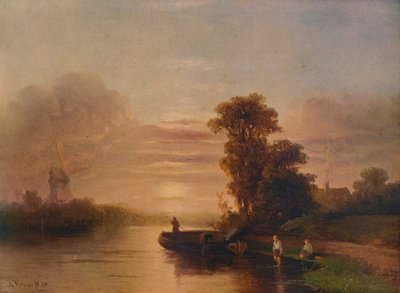 Solnedgang på en elv, med vindmølle og hytte, 1848, 1938 av Salomon Leonardus Verveer