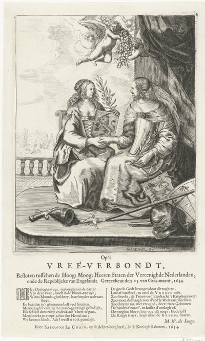 Frase til freden i Westminster, 1654 On the Vree-Verbondt, Closed between the High: Moog: Heeren Staten der Vereenighde Nederland, ende Republikcke van Englandt. Geteeckent den 15 van Gras-maant, 1654 (tittel på objekt) av Salomon Pietersz. Lachair