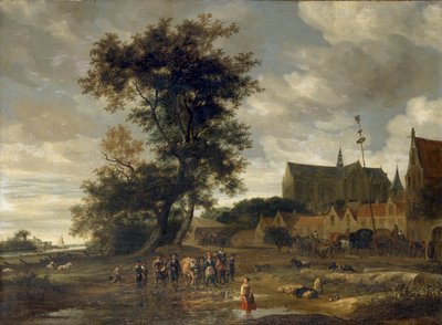 Scene foran en majstang med Alkmaar-kirken i bakgrunnen, 1669 av Salomon Ruysdael