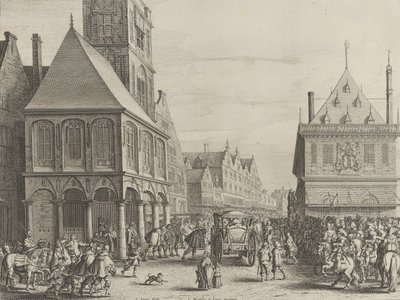 Byens sorenskrivere tar avskjed med Marie de Medici før rådhuset, fra Caspar Barlaeu..., 1638. av Salomon Savery