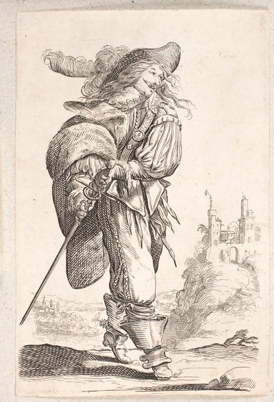 Vandrende mann, trekvart profil r., tar tak i løvet ved hoften. I bakgrunnen et slott av Salomon Savery