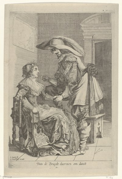 Mann tilbyr en kvinne en mynt Dats de Bruydt daermen om danst (tittel på objekt) av Salomon Savery
