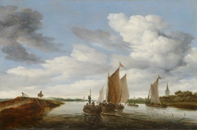Elvelandskap med seilbåter og en hestetrukket lekter av Salomon van Ruisdael or Ruysdael