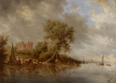 Elvelandskap med ruinene av slottet Egmond, 1641. av Salomon van Ruisdael or Ruysdael