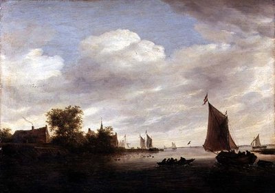 Elvemunning med seilfartøy (olje på panel) av Salomon van Ruisdael or Ruysdael
