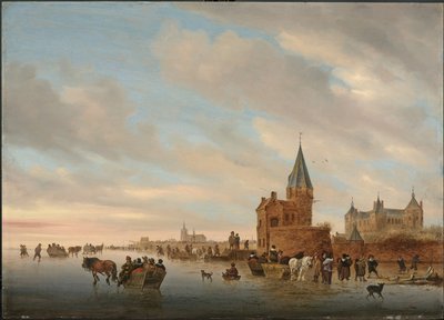 Vinterlandskap med isfornøyelser foran en Capriccio av byen Arnheim, 1652 av Salomon van Ruisdael or Ruysdael