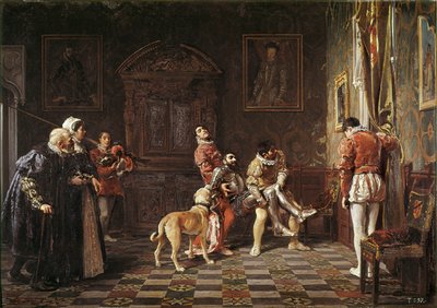 "" Return of the tournament "" En ung ridder gjør vondt blir brakt tilbake til palasset, støttet av to sider. Maleri av Salvador Martinez Cubells (1845-1914) 1881 Valencia. Museum of Bellas Artes San Pio av Salvador Martinez Cubells