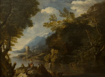 Landskap med figurer og båter, ca. 1635-73 (olje på lerret) av Salvator (follower of) Rosa