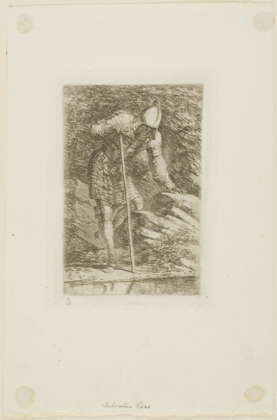 En kriger i full rustning i en grotte av Salvator Rosa