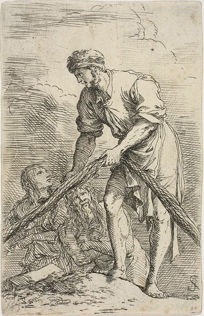 En menn som trekker et nett, med to figurer bak seg, fra Figurine-serien av Salvator Rosa