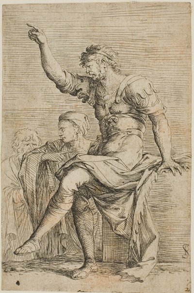 En kriger sitter på en blokk og gestikulerer; to figurer er bak ham, fra Figurine-serien av Salvator Rosa
