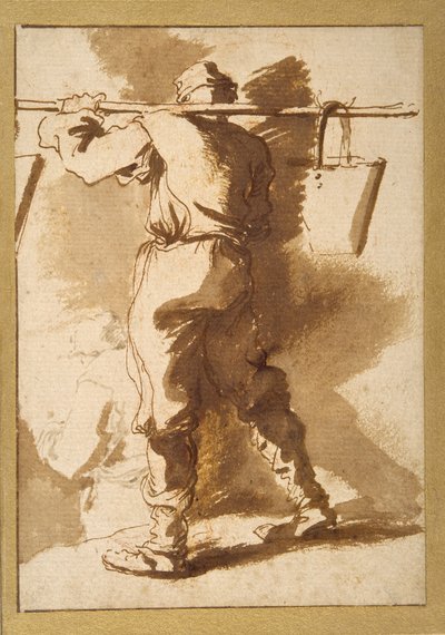 Baksiden av en vannbærer, en annen figur utenfor ham (penn og blekk med vask over kritt på papir) av Salvator Rosa