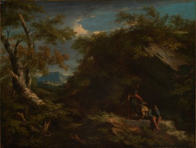 Fjellrikt skoglandskap med hvilende krigere av Salvator Rosa