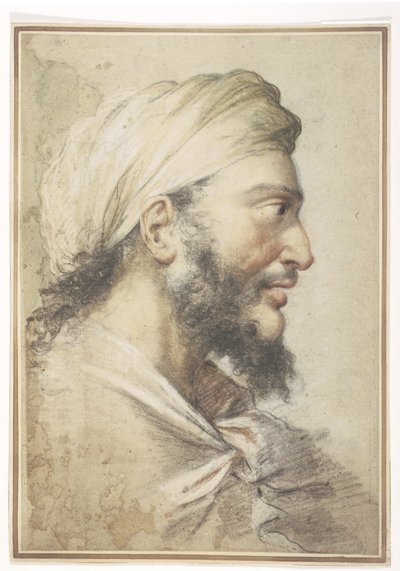 Hodet til en skjeggete mann i profil til høyre iført turban av Salvator Rosa