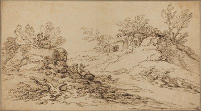 Steinete landskap med et rustikk hus av Salvator Rosa