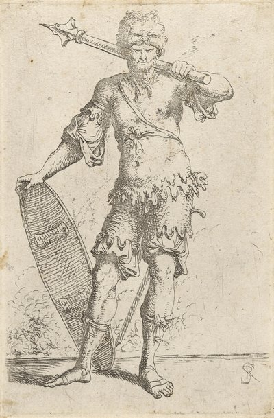 Stående eksotisk kriger iført en løvehodehette, holder en kappe og skjold, ca. 1656-57 (etsing på lagt papir) av Salvator Rosa