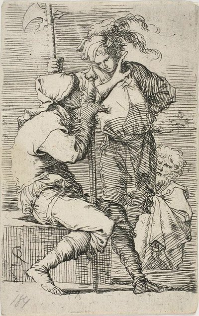 To krigere, den ene holder et sverd, den andre en hellebard; en gammel skjeggete mann bak dem, fra Figurine av Salvator Rosa