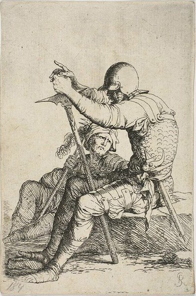 To krigere, en sitter på en lav forgrunnsstein og holder en krigshammer; den andre figuren satt på bakken bak ham, holder en mace over høyre skulder og ser opp på forgrunnsfuguren, fra Figurine-serien av Salvator Rosa