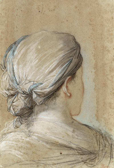 kvinne sett fra beina med hodeskjerf (kritt på papir) av Salvator Rosa