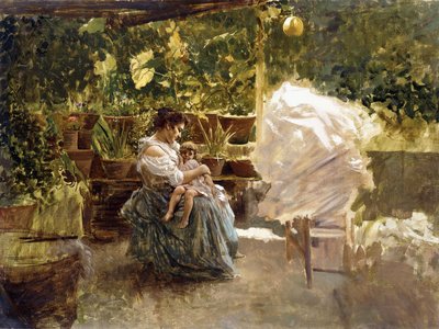 En mor med sitt barn på en veranda (olje på lerret) av Salvatore Postiglione