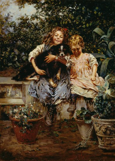 Three friends, av Salvatore Postiglione (1861-1906), olje på lerret, 53,5x38 cm av Salvatore Postiglione
