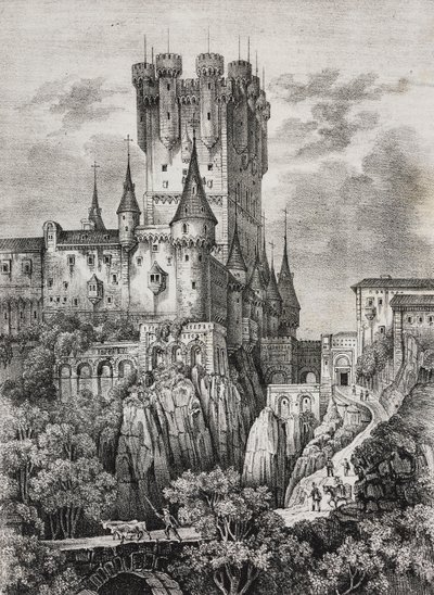 Alcazar of Segovia, Spania, litografi av Salvatore Puglia fra Poliorama Pittoresco, n 36, 12. april av Salvatore Puglia