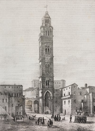 Klokketårnet til Gaeta-katedralen, Lazio, Italia, litografi av Salvatore Puglia etter tegning av Pasquale Mattei (1813-1879), fra Poliorama Pittoresco, n 48, 6. juli av Salvatore Puglia