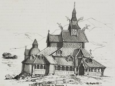 Borgund stavkirke, Norge, litografi av Salvatore Puglia fra Poliorama Pittoresco, n 40, 14. mai av Salvatore Puglia