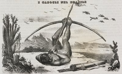 Caboclo-mann med piler og buer, Brasil, litografi av Salvatore Puglia fra Poliorama Pittoresco, n 41, 18. mai av Salvatore Puglia