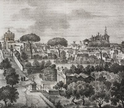Østutsikt over Mesagne, Apulia, Italia, litografi av Salvatore Puglia fra Poliorama Pittoresco, n 45, 15. juni av Salvatore Puglia