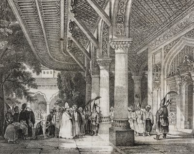 Inngangshallen til Serraglio, Tyrkia, fra historieharem i øst, litografi fra Poliorama Pittoresco, n 12, 28. oktober av Salvatore Puglia