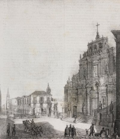 Fasade av basilikaen San Sebastiano i Acireale, Sicilia, Italia, litografi av Salvatore Puglia fra Poliorama Pittoresco, n 39, 3. mai av Salvatore Puglia