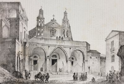 Fasade til katedralen i Sessa Aurunca, Campania, Italia, litografi av Salvatore Puglia etter tegning av Pasquale Mattei (1813-1879) fra Poliorama Pittoresco, n 42, 24. mai av Salvatore Puglia