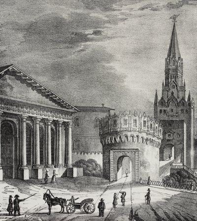 Porten til Troitskaya Tower (Trinity Tower), Kreml, Moskva, Russland, litografi av Salvatore Puglia fra Poliorama Pittoresco, n 22, 7. januar av Salvatore Puglia
