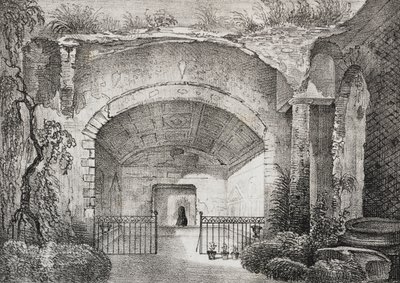 Hall i gammel villa til Prince of Caposele i Formia, Lazio, Italia, litografi av Salvatore Puglia fra Poliorama Pittoresco, n 23, 11. januar av Salvatore Puglia