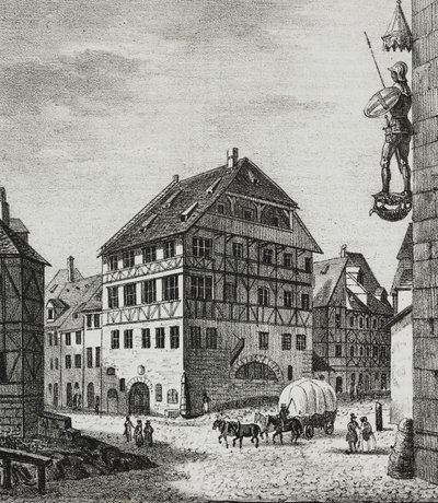 House of Albrecht Durer (1471-1528) i Nürnberg, Tyskland, litografi av Salvatore Puglia fra Poliorama Pittoresco, n 31, 12 mars av Salvatore Puglia
