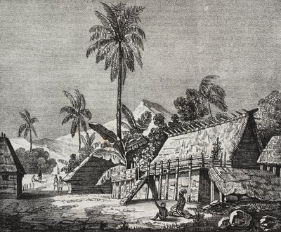 House of Queen Noukahiva Island (i dag Nuku Hiva), Marquesas Islands, Fransk Polynesia, litografi av Salvatore Puglia fra Poliorama Pittoresco, n 37, april av Salvatore Puglia