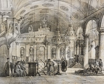 Interiør i den greske kirken Baloukli, nær Konstantinopel, Tyrkia, litografi av Salvatore Puglia fra Poliorama Pittoresco, n 28, 15. februar av Salvatore Puglia