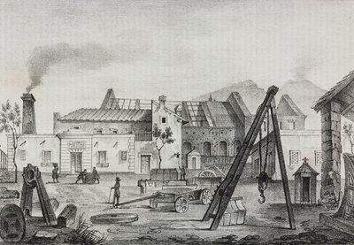 Kongelig mekanisk fabrikk (Royal Mechanical Factory) i Pietrarsa, Campania, Italia, litografi av Gaetano Riccio fra Poliorama Pittoresco, n 39, 7. mai av Salvatore Puglia