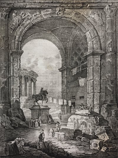 Romerske ruiner, maleri av Hubert Robert (1733-1808), litografi av Salvatore Puglia fra Poliorama Pittoresco, n 28, 17. februar av Salvatore Puglia
